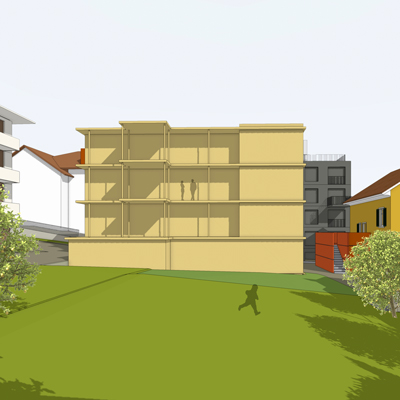 Wallisellen Machbarkeitsstudie Genossenschaft Neugut Visualisierung neuer Holzbau am Rande des grossen Grünraumes mit drei Wohngeschossen und im Erdgeschoss ein Gemeinschaftsraum. nijo architekten Zürich