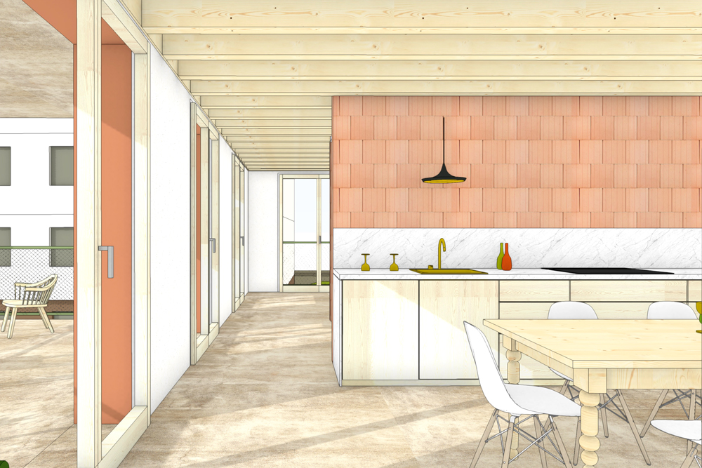 3D Skizze Wohnung im Neubau. Offener Grundriss, bei Bedarf gut abtrennbar, jedes Schlafzimmer hat Möglichkeit für ein eigenes Bad im Hinblick auf WG oder Alterswohnen. Grosse Spannweiten mittels Hybrid-Holz-Beton-Verbund Decken. nijo architekten