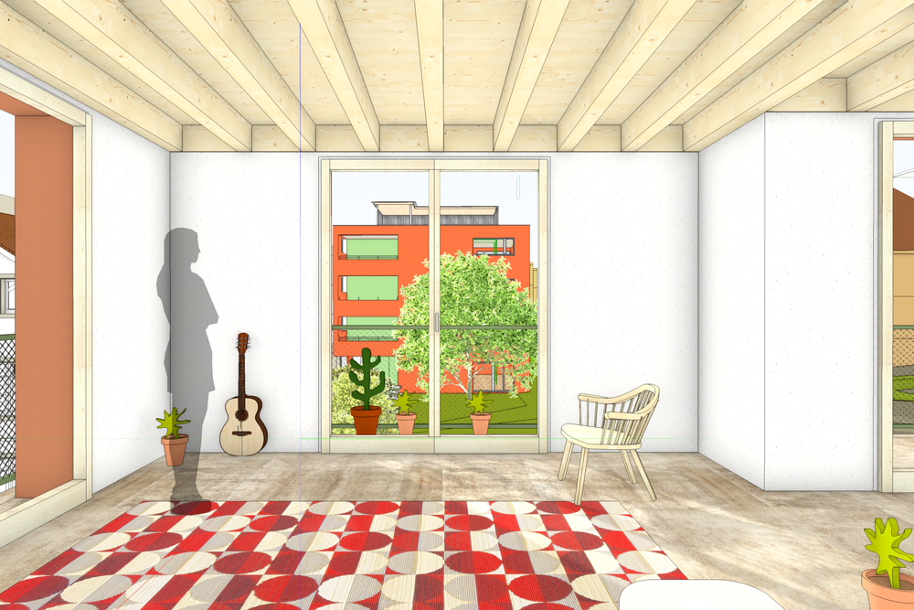 Wallisellen Genossenschaft Neugut Machbarkeitsstudie Verichtung Neubau und Erweiterung bestehende Häuser. Neubau mit Wohnungen, offener Grundriss kompakt und doch grosszügig. Einfache Holzbauweise grosse Spannweiten mit Hybrid Holz-Beton Decken. nijo architekten
